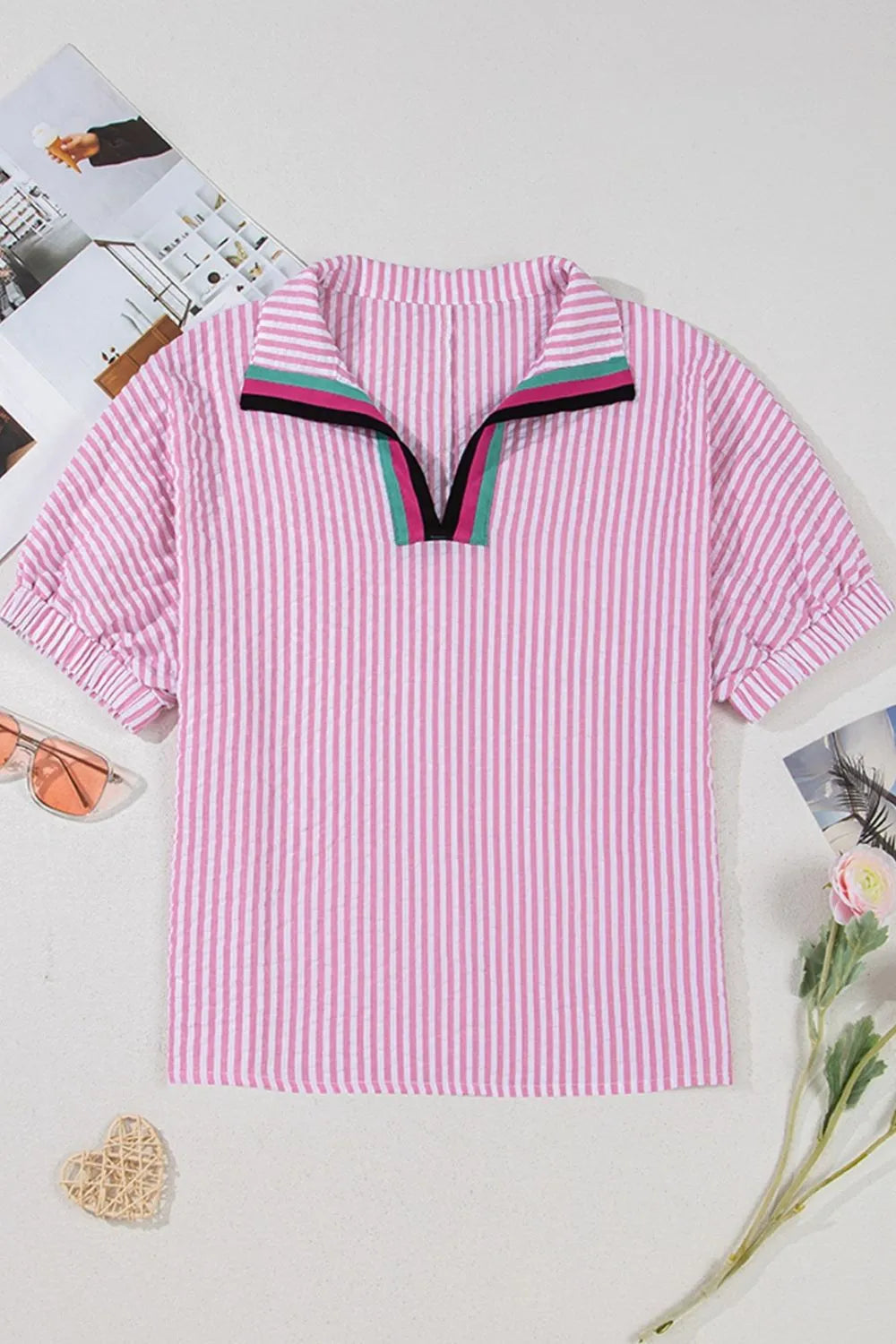 Striped Print Contrast Split Neck Dolman Sleeve Blouse.