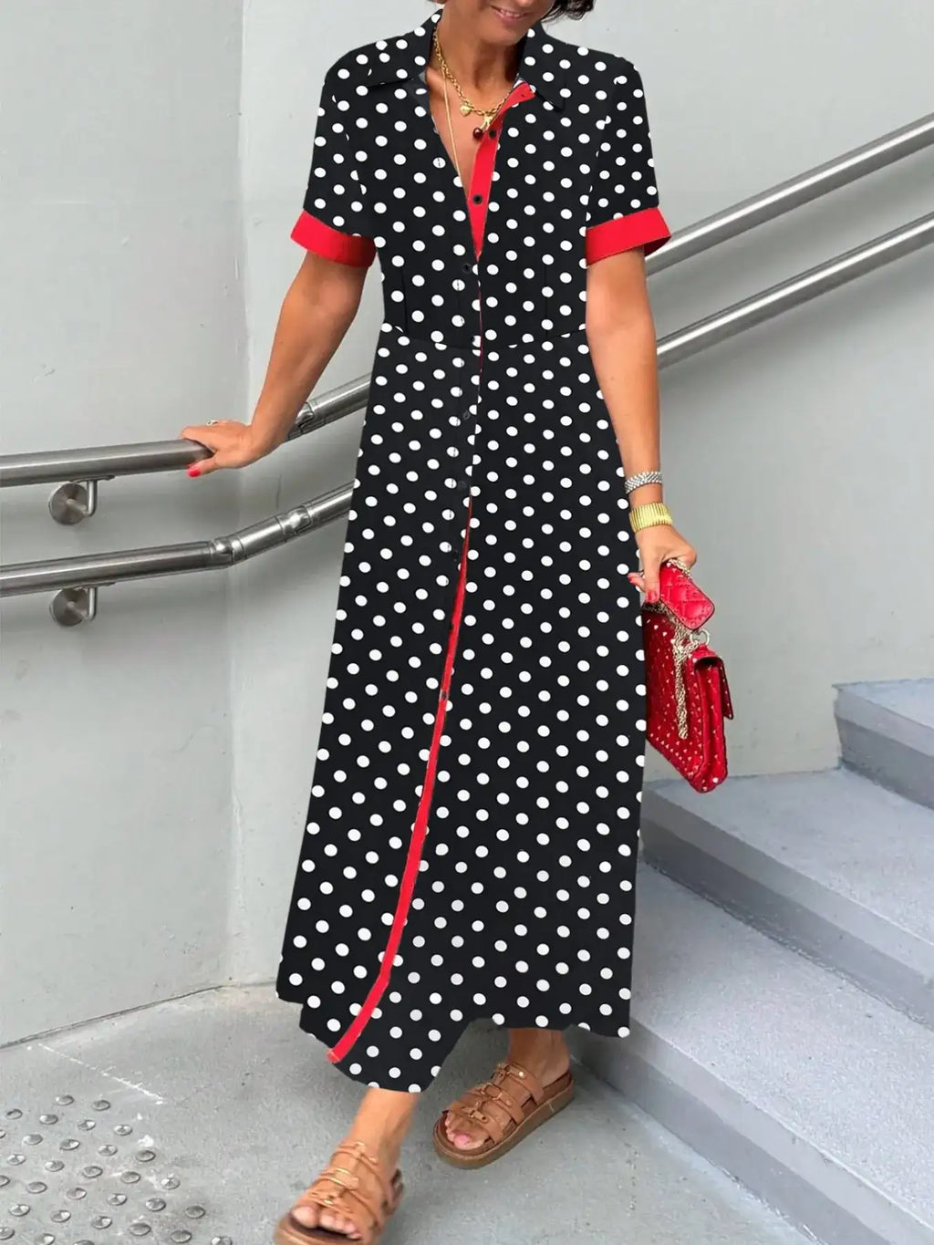 Polka Dot Short Sleeve Maxi Shirt Dress.