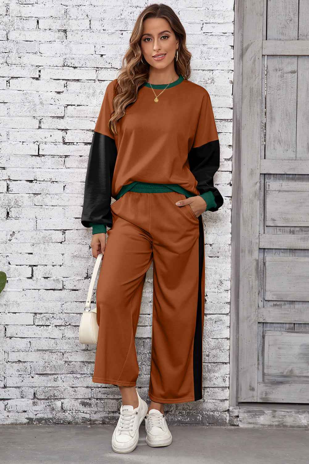 Chestnut 2pcs Color Block Pullover Loose Pant Set