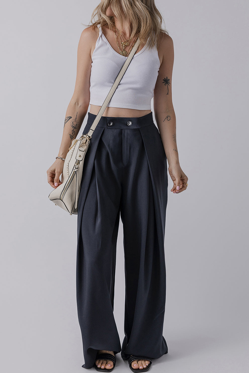 Dirty blue Dual Buttoned High Waist Pleated Wide Leg Pants Dear-Lover Dropshipping