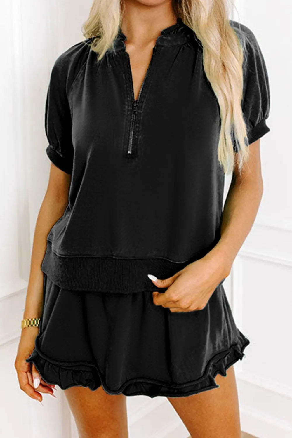 Frill Zip Front Puff Sleeve Top and Skort Set.