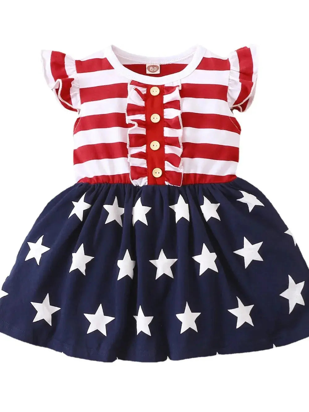 Striped & Stars Ruffled Round Neck Cap Sleeve Dress.