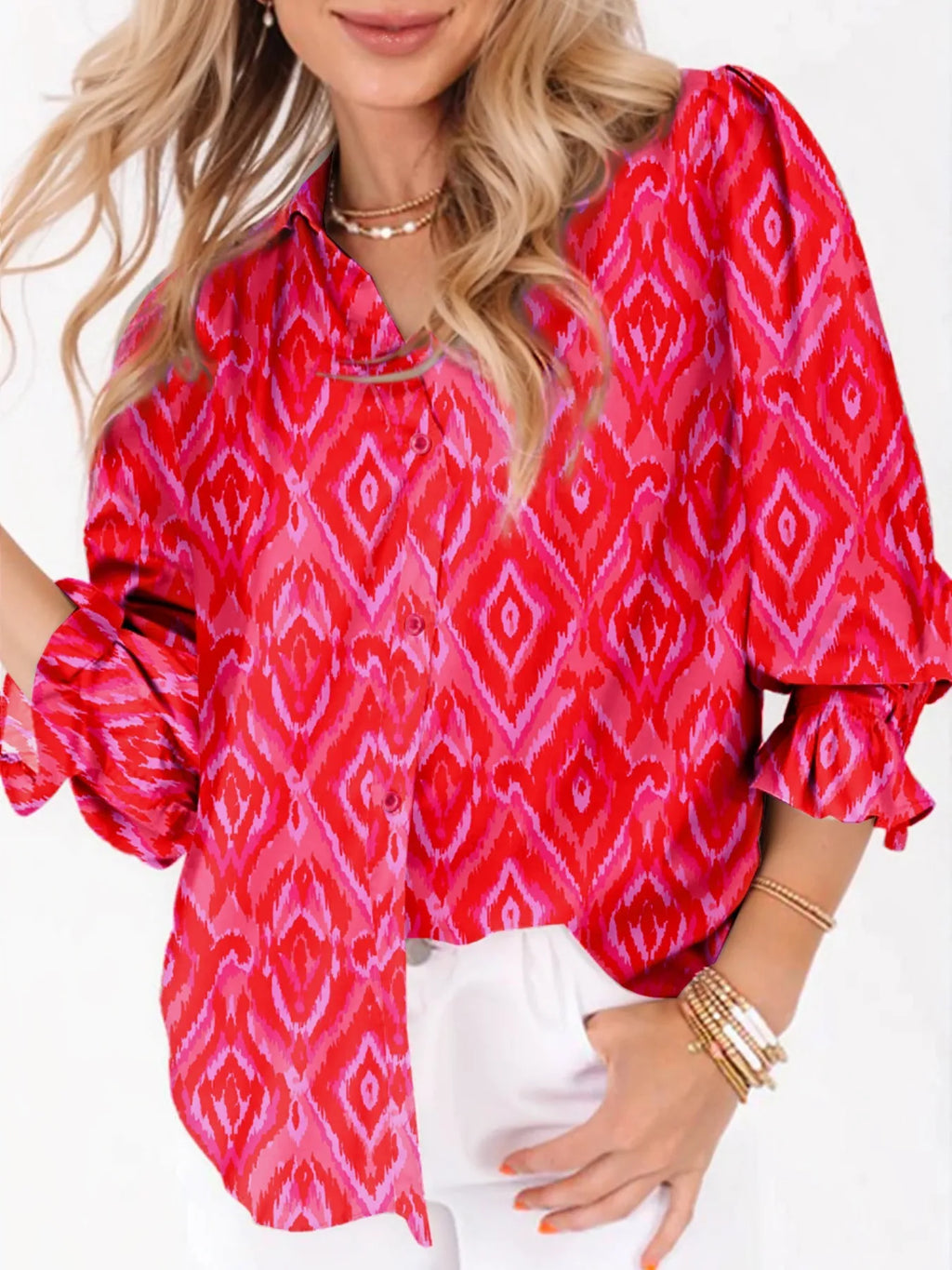 Diamond Print Flounce Sleeve Shirt.