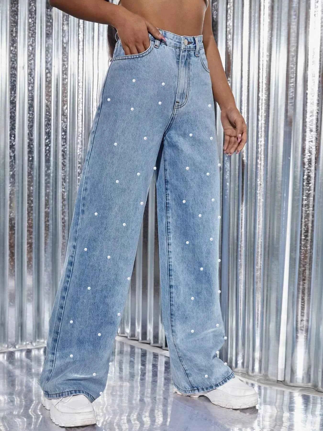 Pearl Embellished Wide Leg Jeans