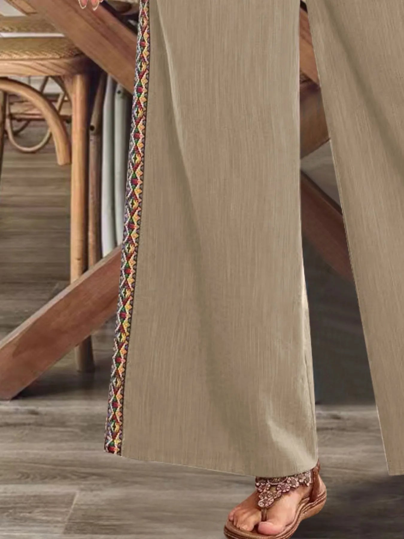 Bohemian Wide Leg Embroidered Side Stripe Pants.