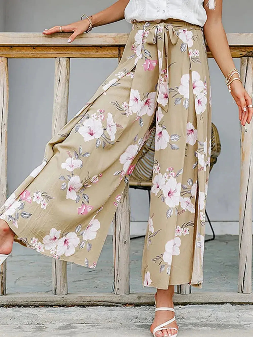 Tied Waist Slit Floral Wide leg Pants.
