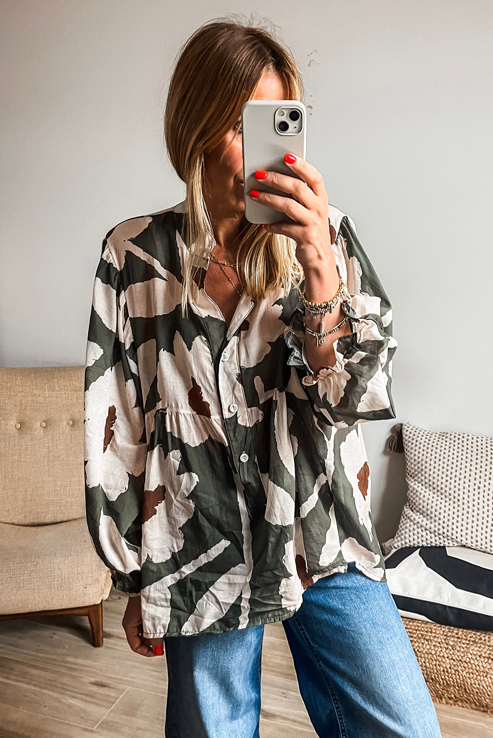 Four Leaf Clover Abstract Floral Print Puff Sleeve Half Button Blouse Dear-Lover Dropshipping