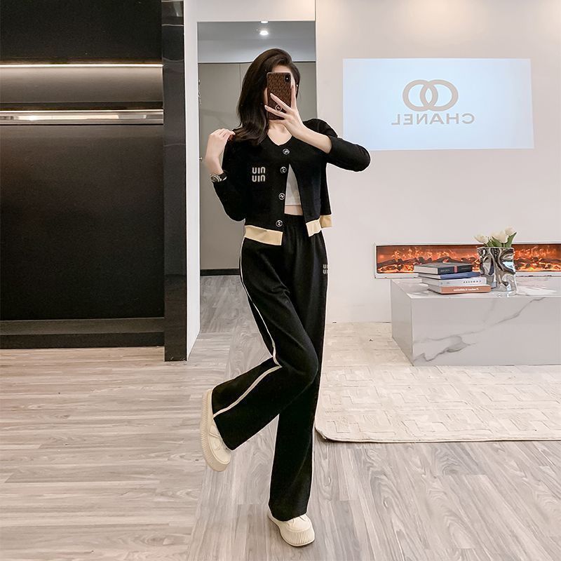 Color Block Open Cardigan Wide Leg Pants Two-Piece Set for Women