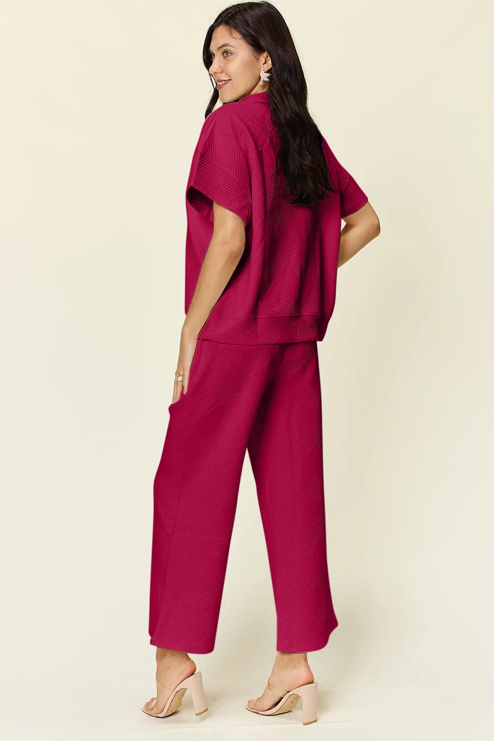 Double Take Full Size Texture Half Zip Short Sleeve Top and Pants Set - CHIC TB