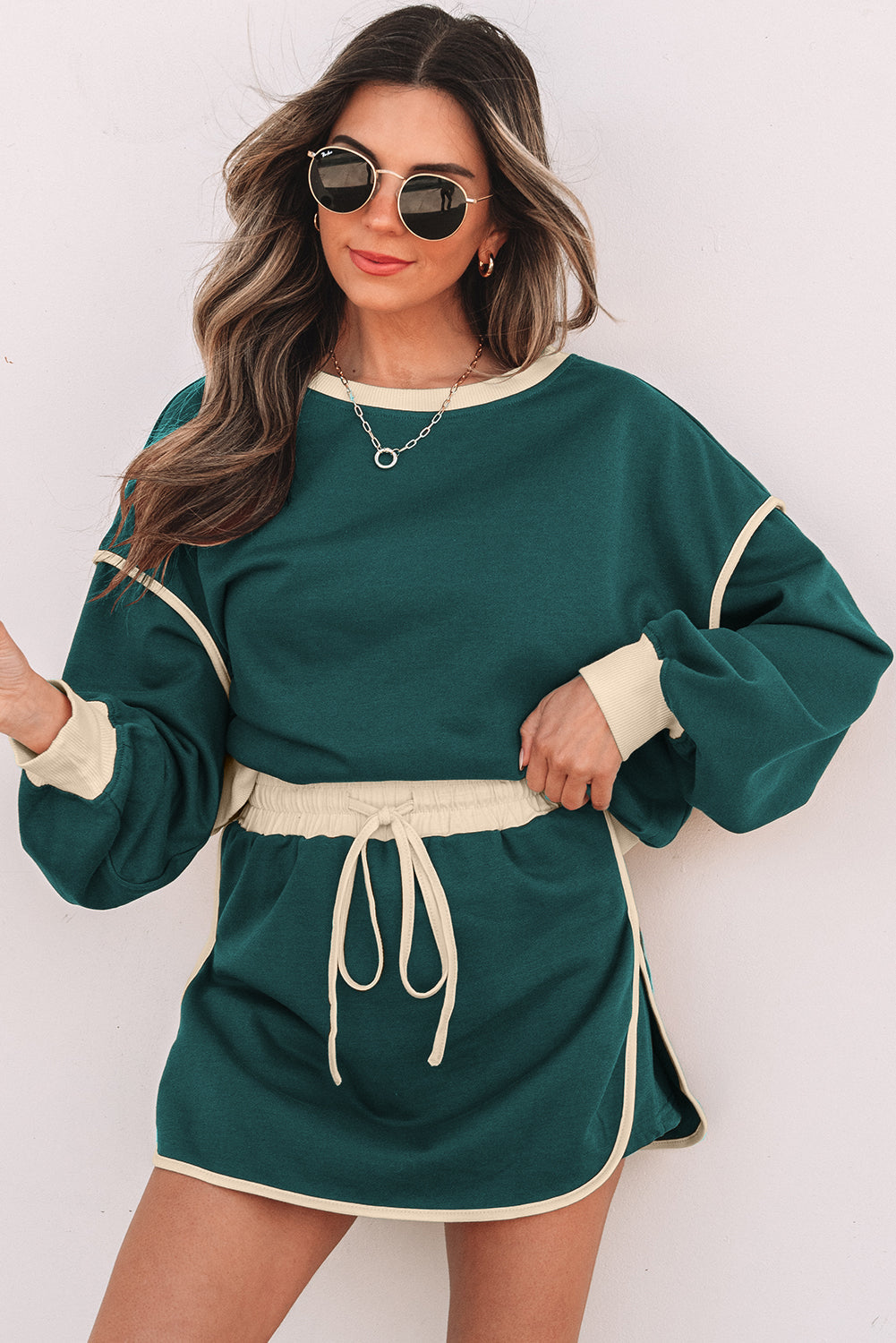 Evergreen Color Contrast Loose Pullover and Lace-up Waist Skort Set Dear-Lover Dropshipping