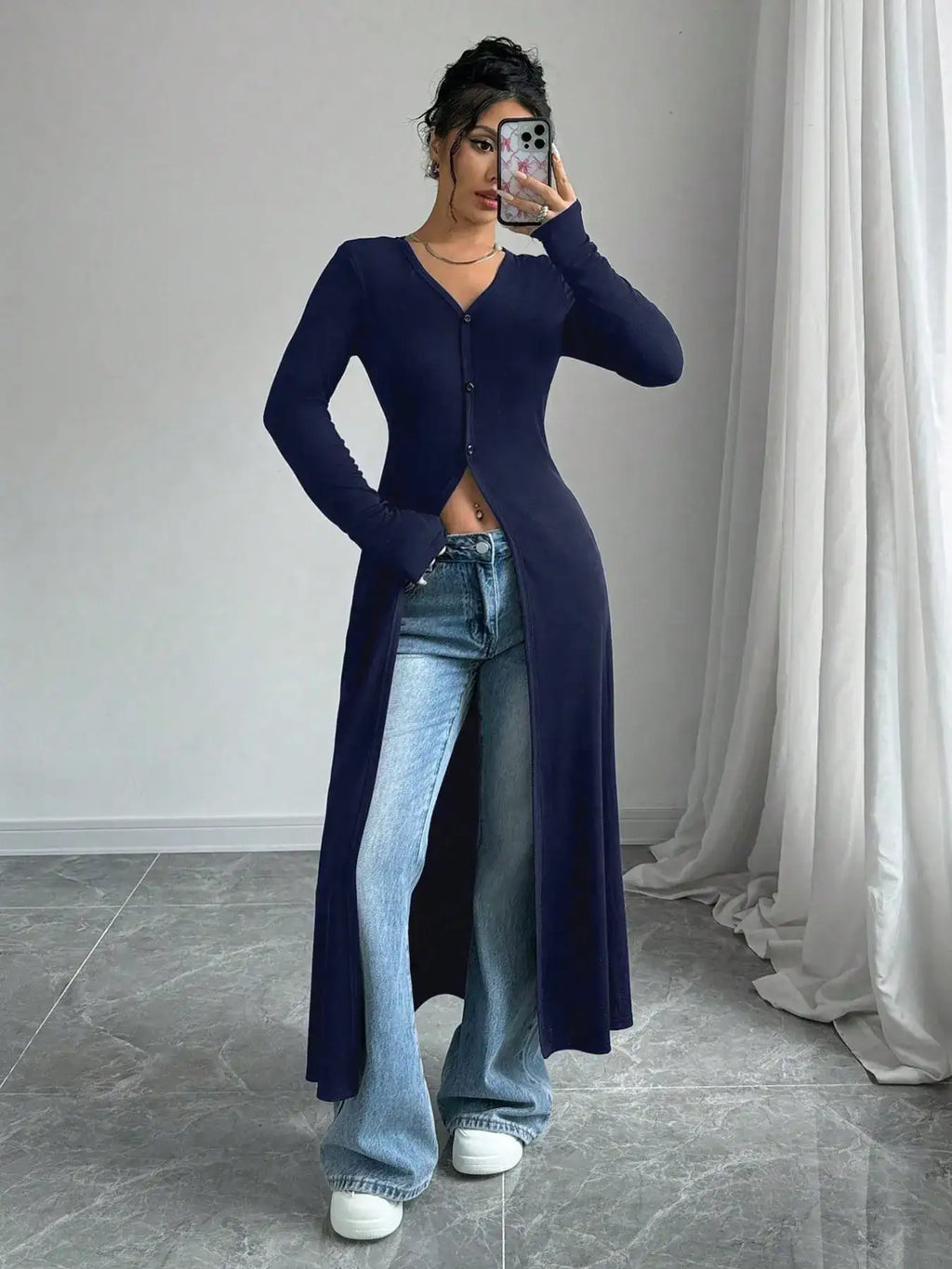 V-Neck Button-Front Longline Cardigan.