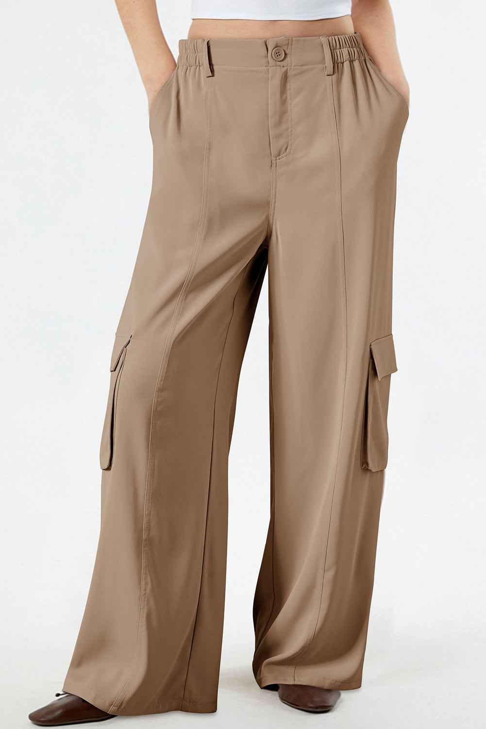 Camel Solid Color Elastic High Waist Loose Cargo Pants