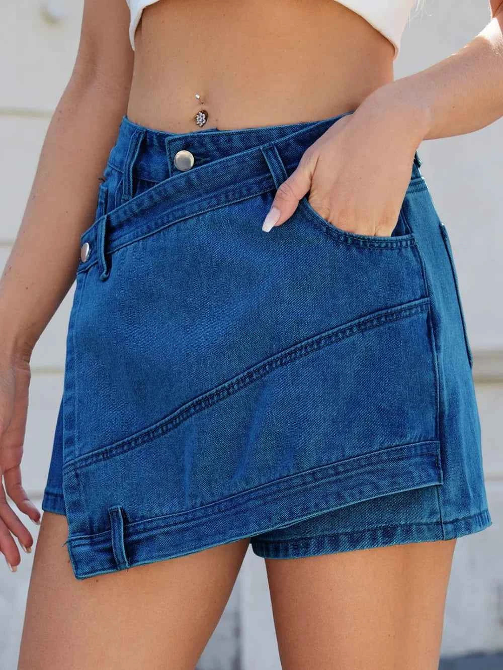 Asymmetrical Denim Skort with Pockets