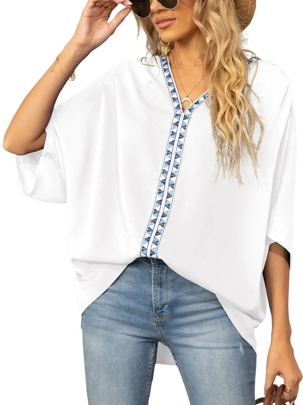 Oversized Contrast V-Neck Half Sleeve Blouse.