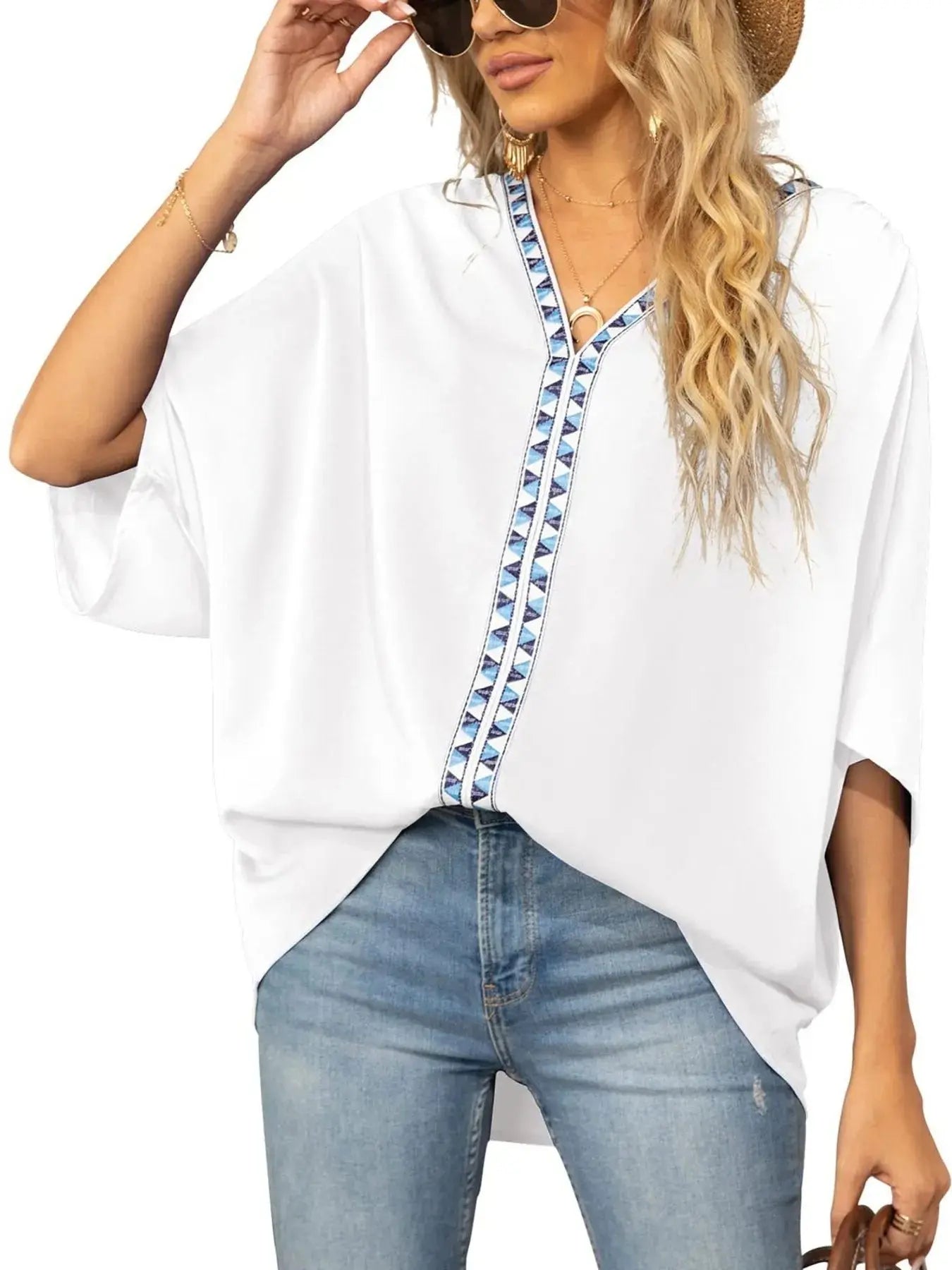 Oversized Contrast V-Neck Half Sleeve Blouse.