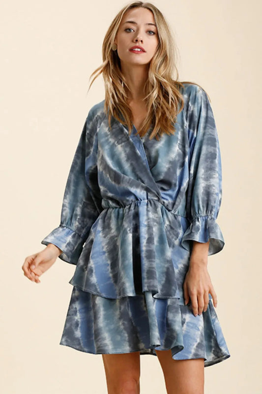 Umgee Tie Dye Ruffled Layered Dress with Elastic Waistband.