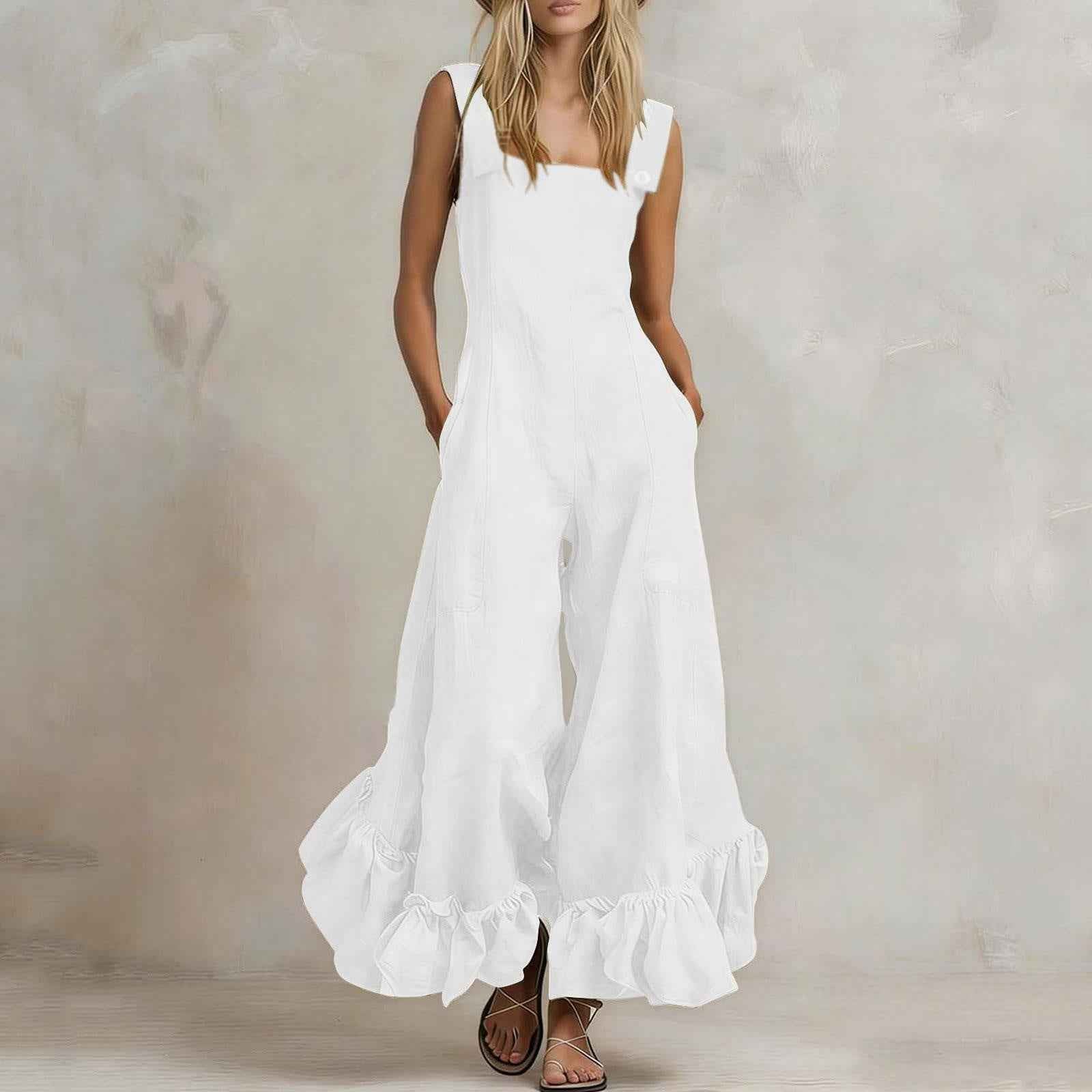 Wide-leg Flounce-trimmed Strap Jumpsuit For Women