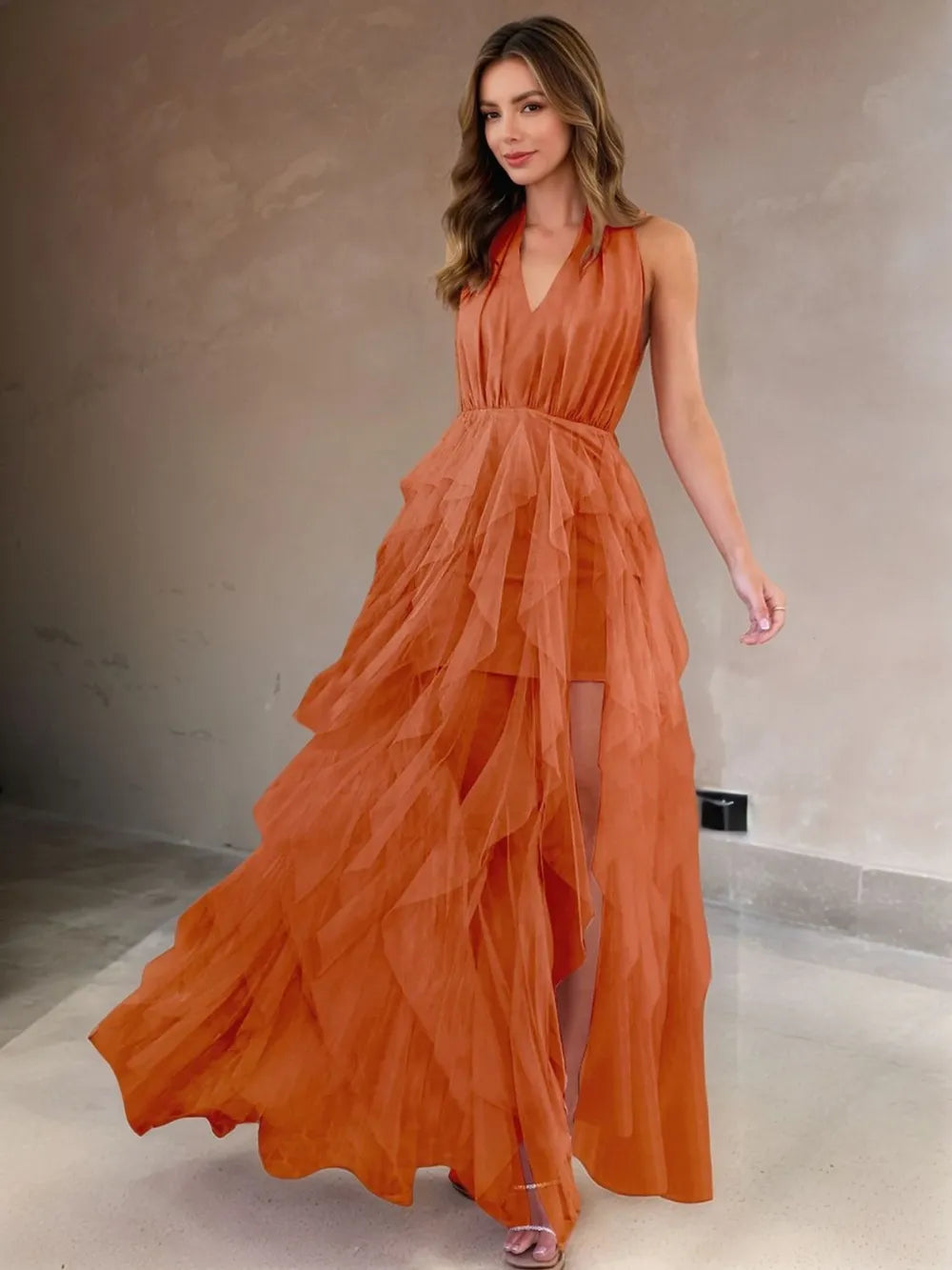 Halter Neck Irregular Mesh Dress.