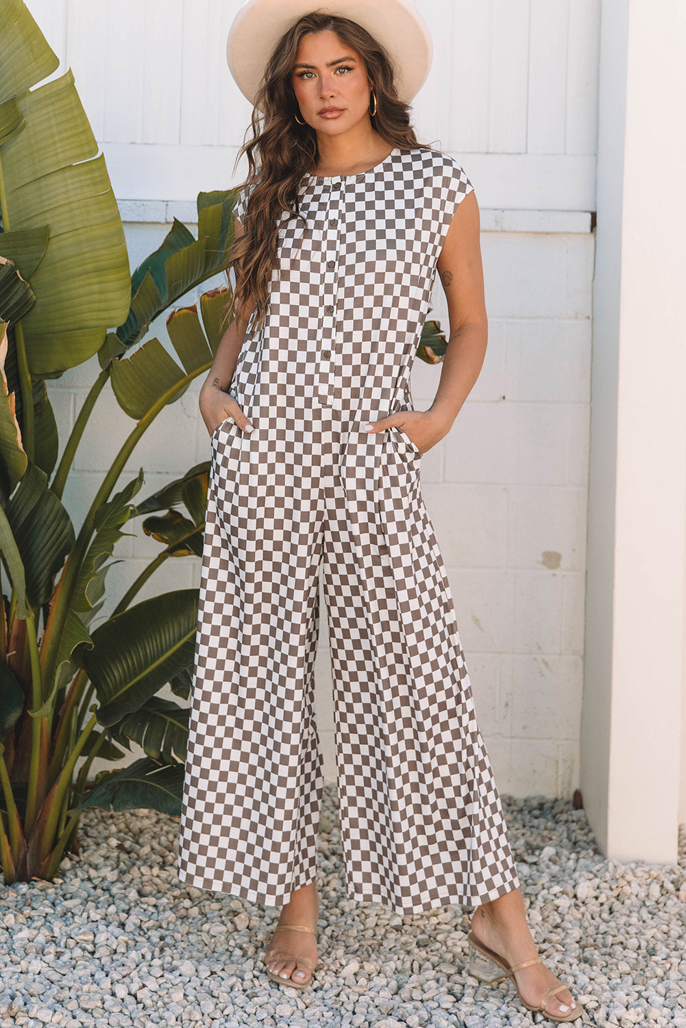 Khaki Checkered Print Buttoned Crew Neck Wide Leg Jumpsuit Dear-Lover Dropshipping
