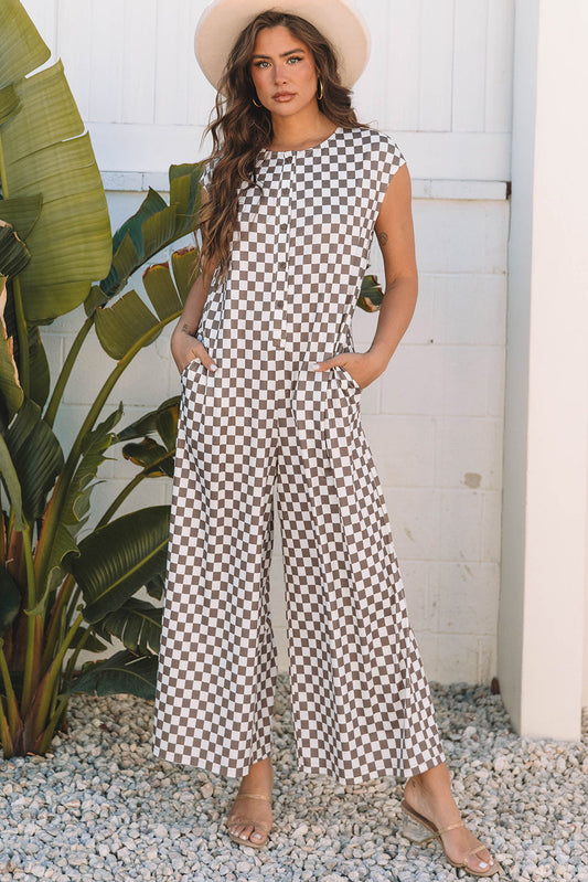 Khaki Checkered Print Buttoned Crew Neck Wide Leg Jumpsuit Dear-Lover Dropshipping