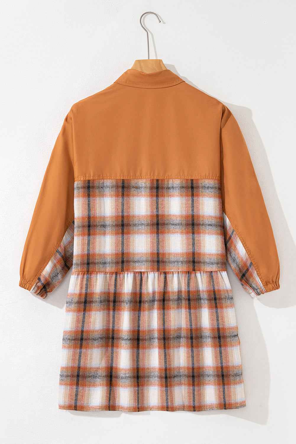 Khaki Plaid Color Block Patchwork Ruffle Hem Tunic Shirt Dress