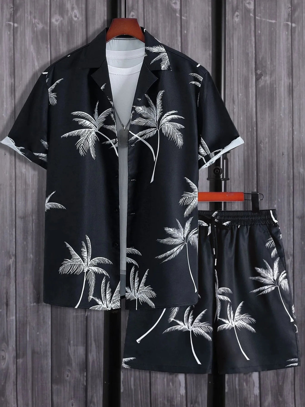 Men's Full Size Palm Print Button Up Shirt and Shorts Set Plus Size.