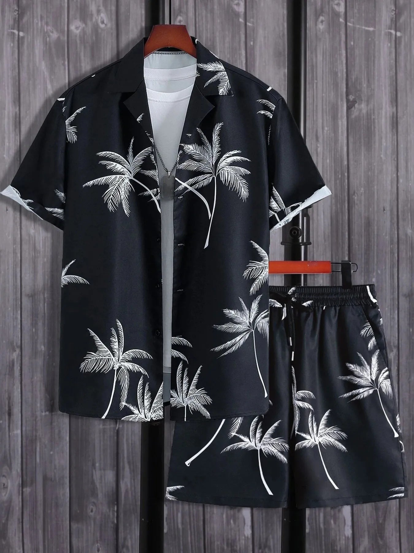 Men's Full Size Palm Print Button Up Shirt and Shorts Set Plus Size.