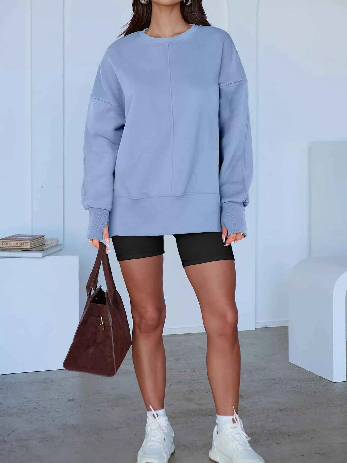 Side Slit Round Neck Long Sleeve Sweatshirt