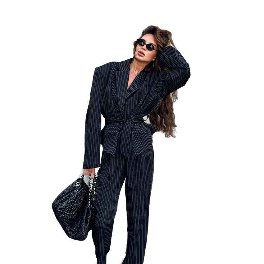 Long sleeved slim fit strap mid waist pencil pants versatile suit set