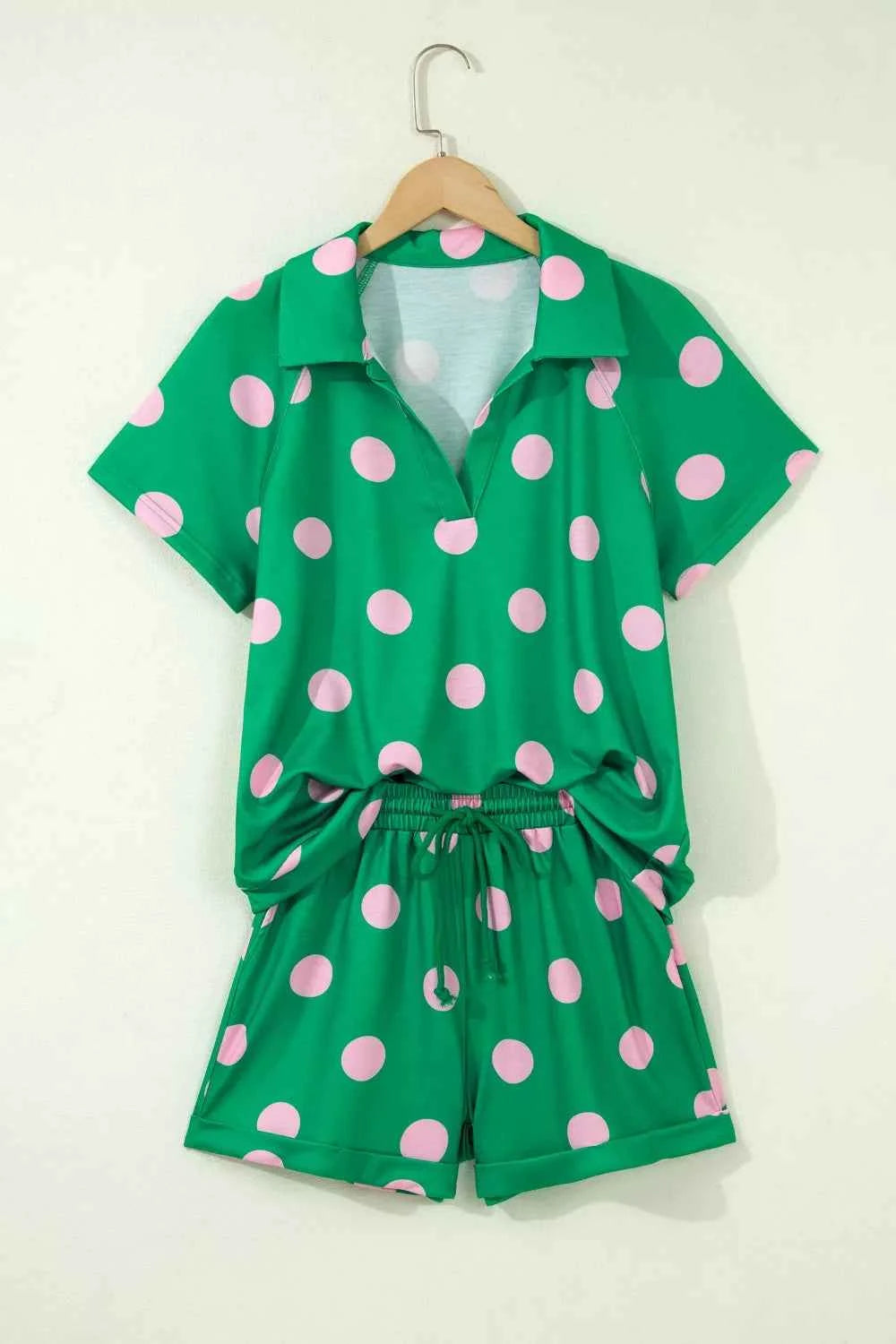 Polka Dot Print V Neck Tee Short Set