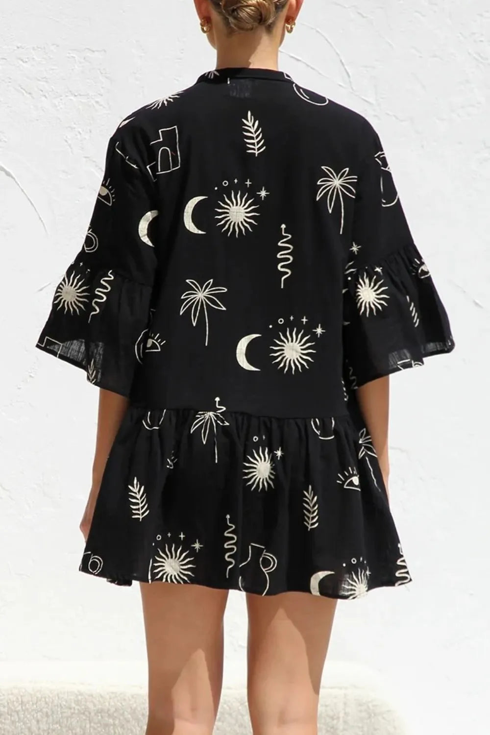 Ruched Printed Three-Quarter Sleeve Mini Dress.