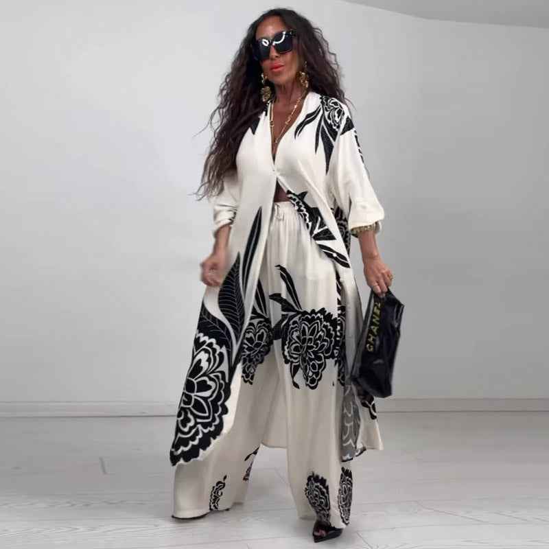 Printed top+wide leg pants two-piece set