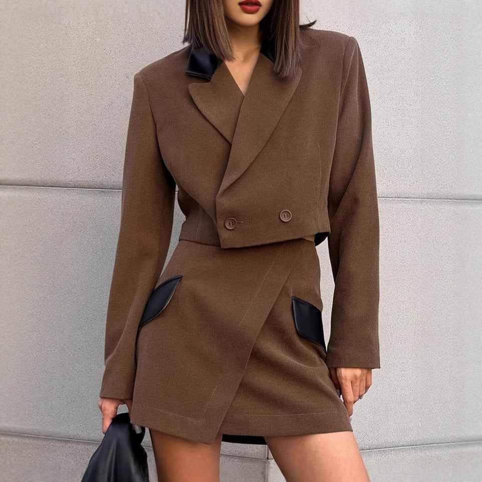 Vintage Brown Wool Suit Set for Women, Retro Blazer and Short Skirt Two-Piece Set, Elegant Style