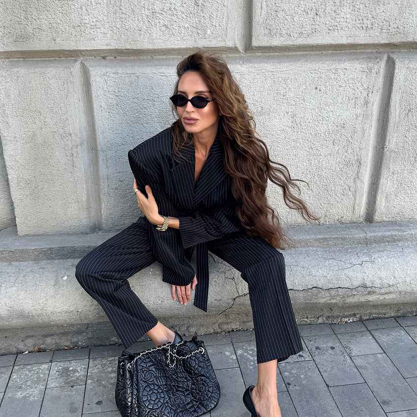 Long sleeved slim fit strap mid waist pencil pants versatile suit set