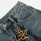 Leopard print patchwork washed curved knife jeans