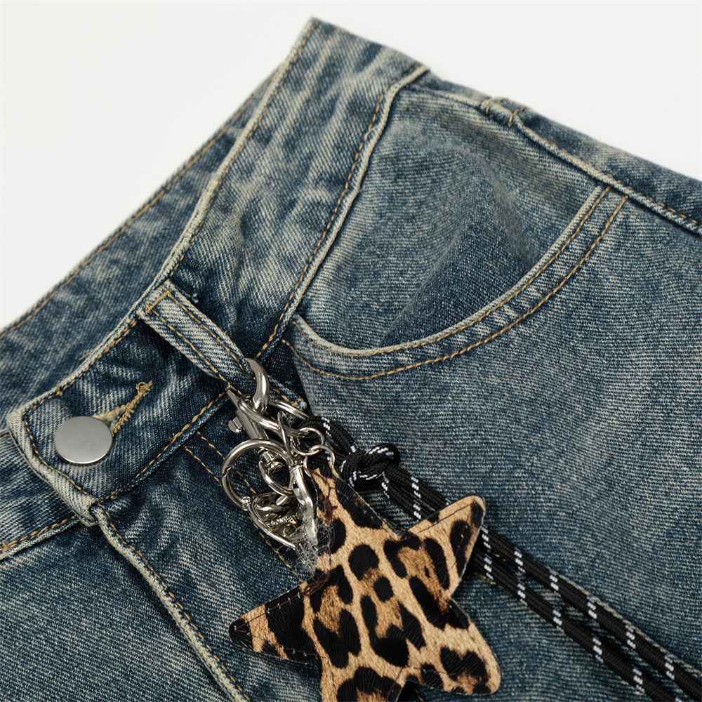 Leopard print patchwork washed curved knife jeans