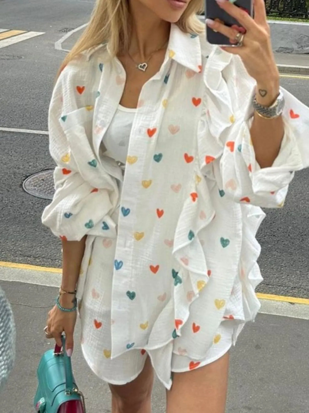 Colorful Heart Print Shirt and Shorts Set.