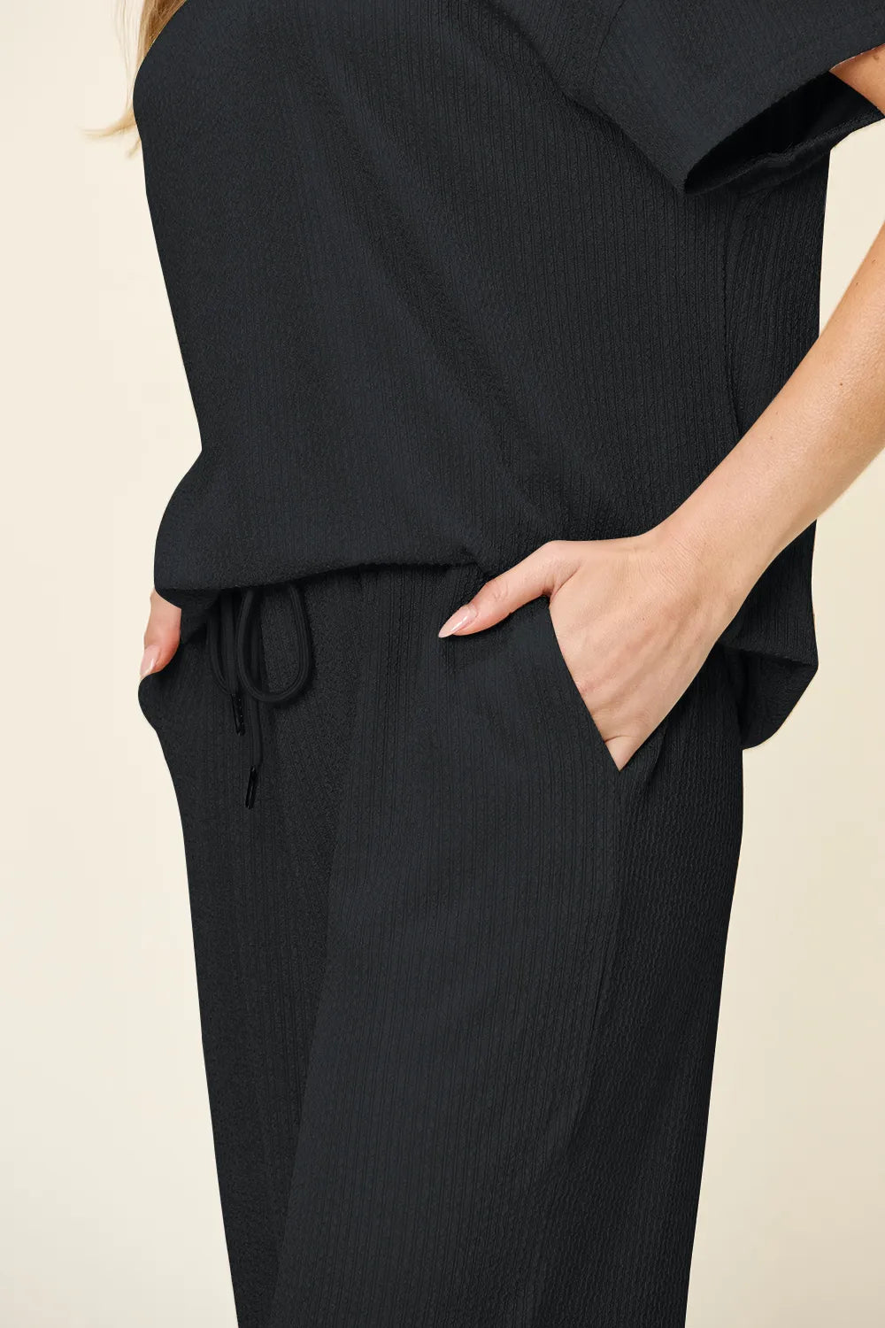 Double Take Full Size Texture Round Neck Short Sleeve T-Shirt and Wide Leg Pants - CHIC TB