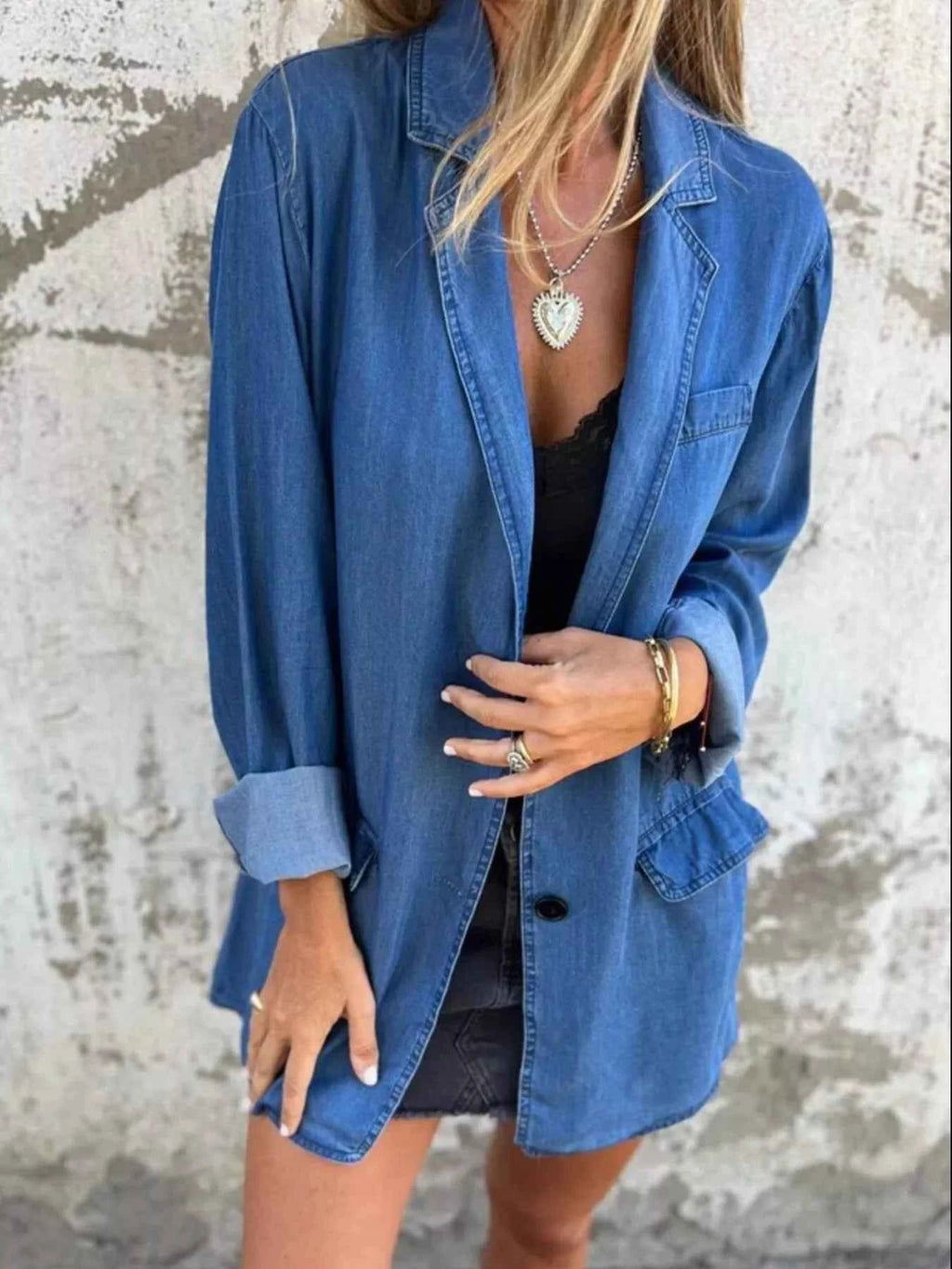 Full Size Button Down Denim Blazer Plus Size