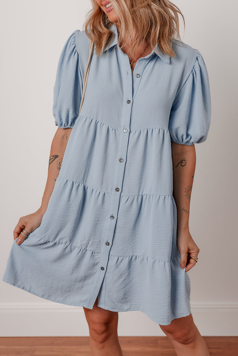 Beau Blue Shirt Collar Button Up Short Puff Sleeve Tiered Shift Dress Dear-Lover Dropshipping
