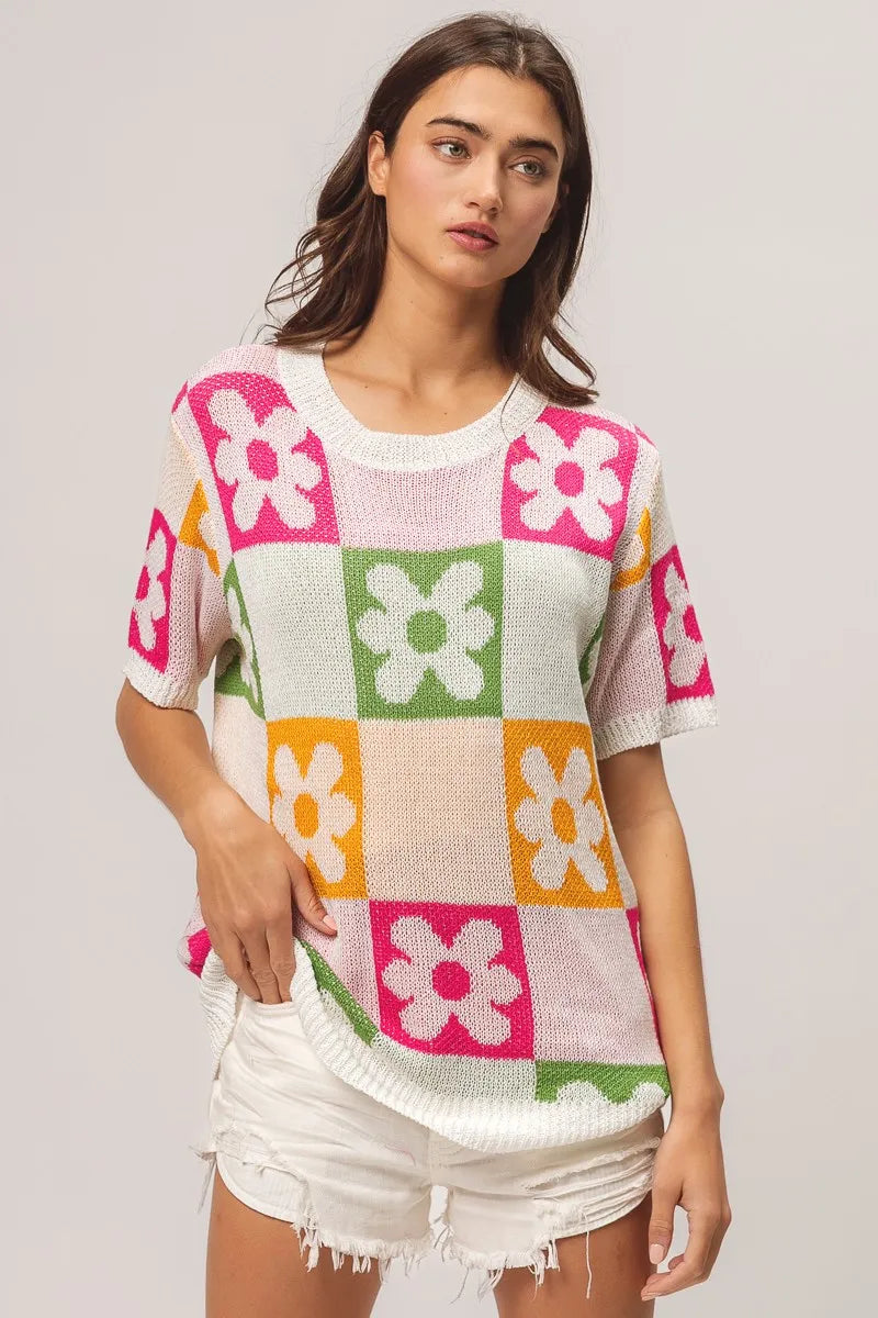 Flower Checker Pattern Lightweight Sweater Top.
