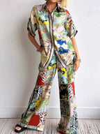 Printed Button Up Shirt And Drawstring Pants Two Piece Set