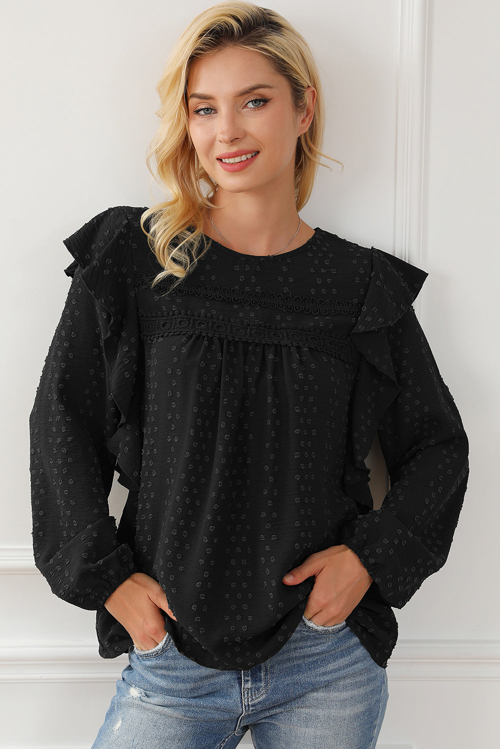 Black Lace Eyelet Ruffle Shoulder Long Sleeve Blouse Dear-Lover Dropshipping