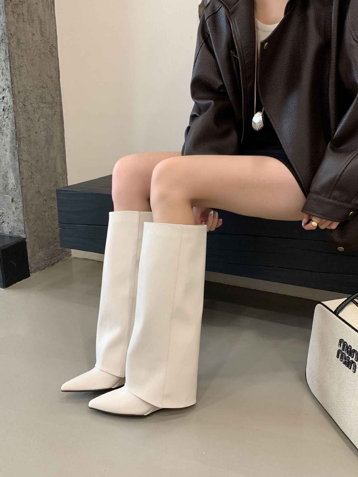 Fashionable Square Toe Slimming Versatile Flat Mid-Heel Elegant French Style Over-the-Knee Boots for Women