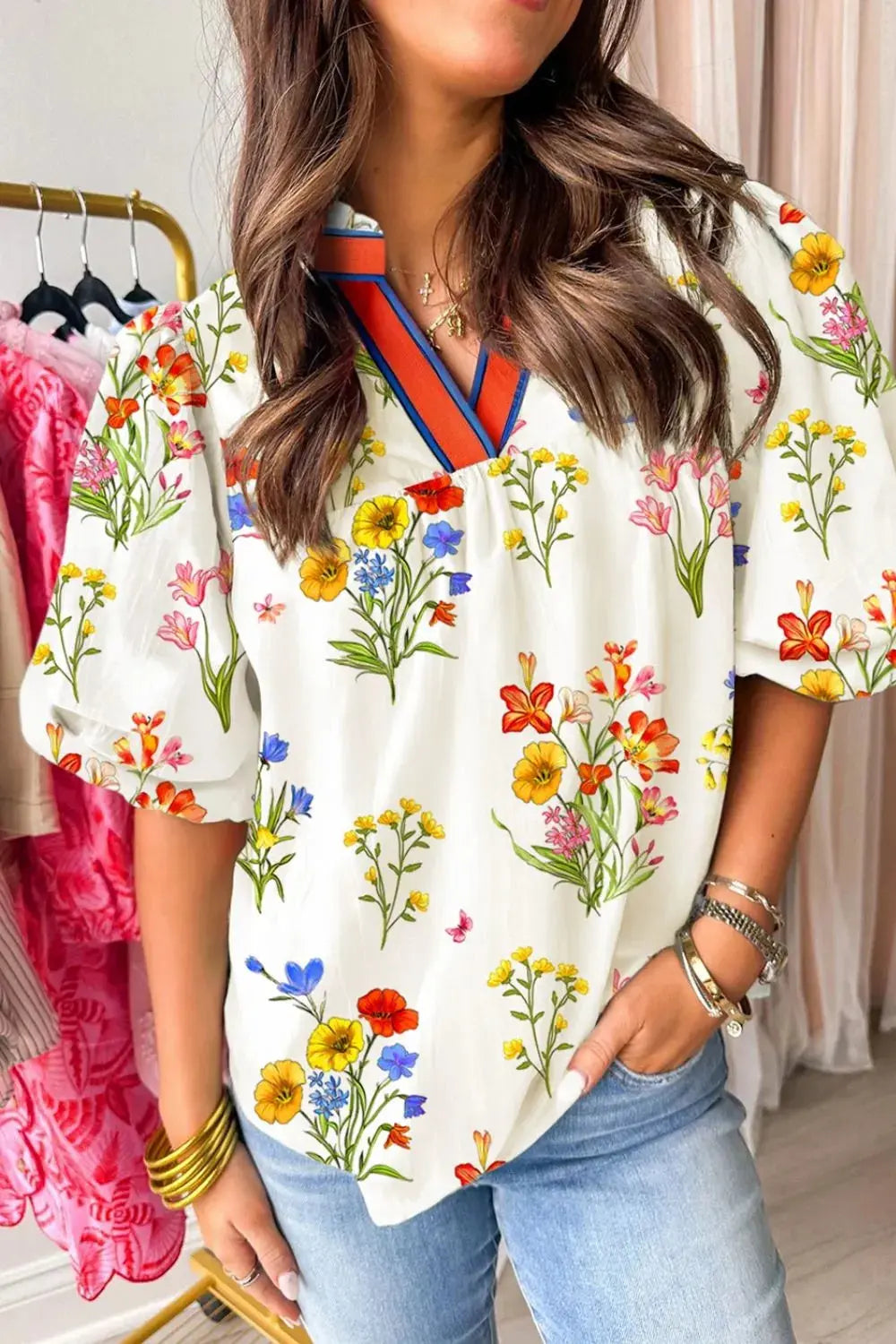 Floral Short Puff Sleeve Notched Blouse.