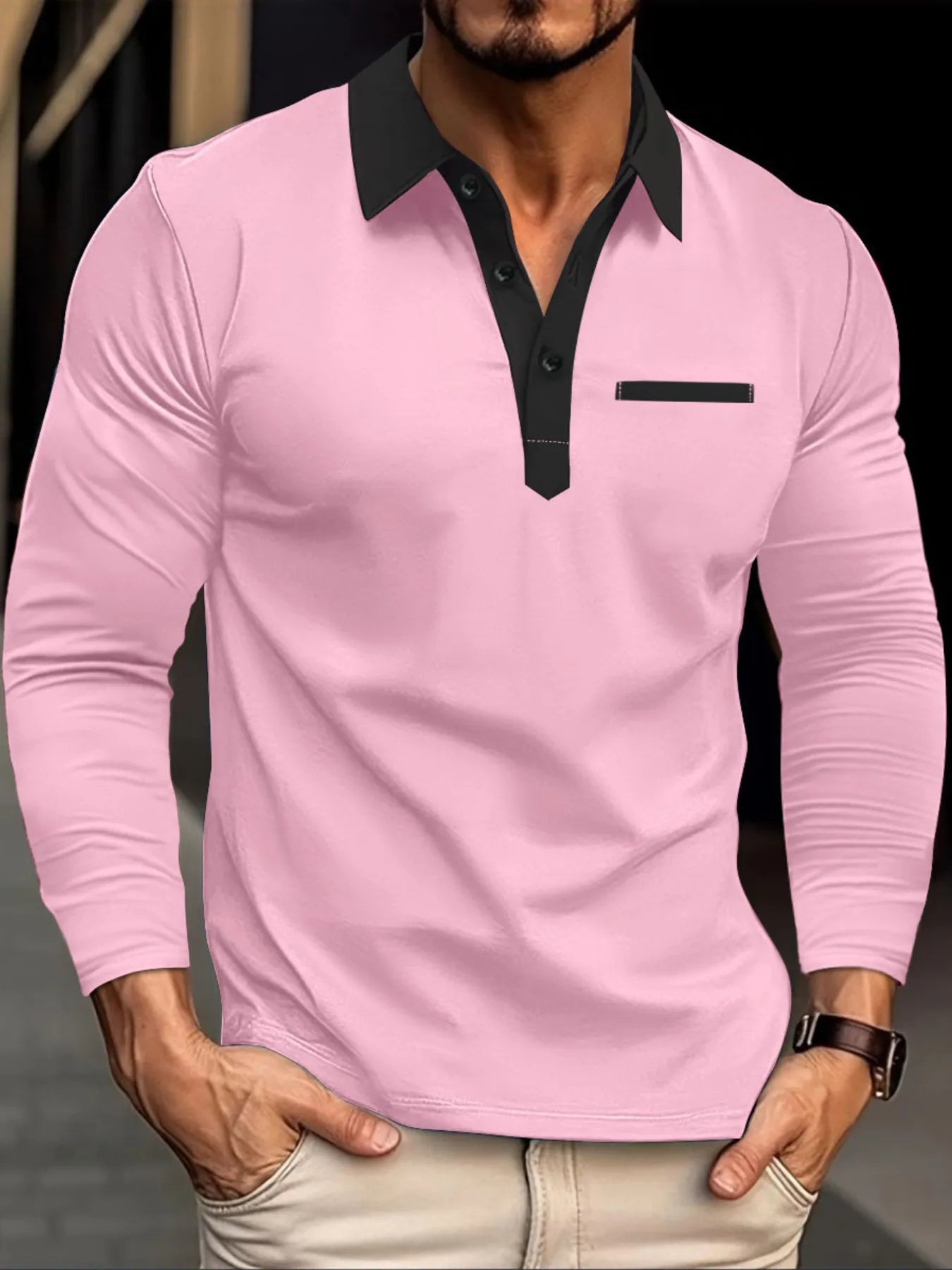 Men's Full Size Long Sleeve Contrast Collar Polo Shirt Plus Size.