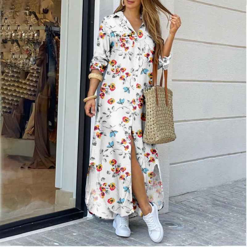 Lapel-collar Long Shirt Dress For Women