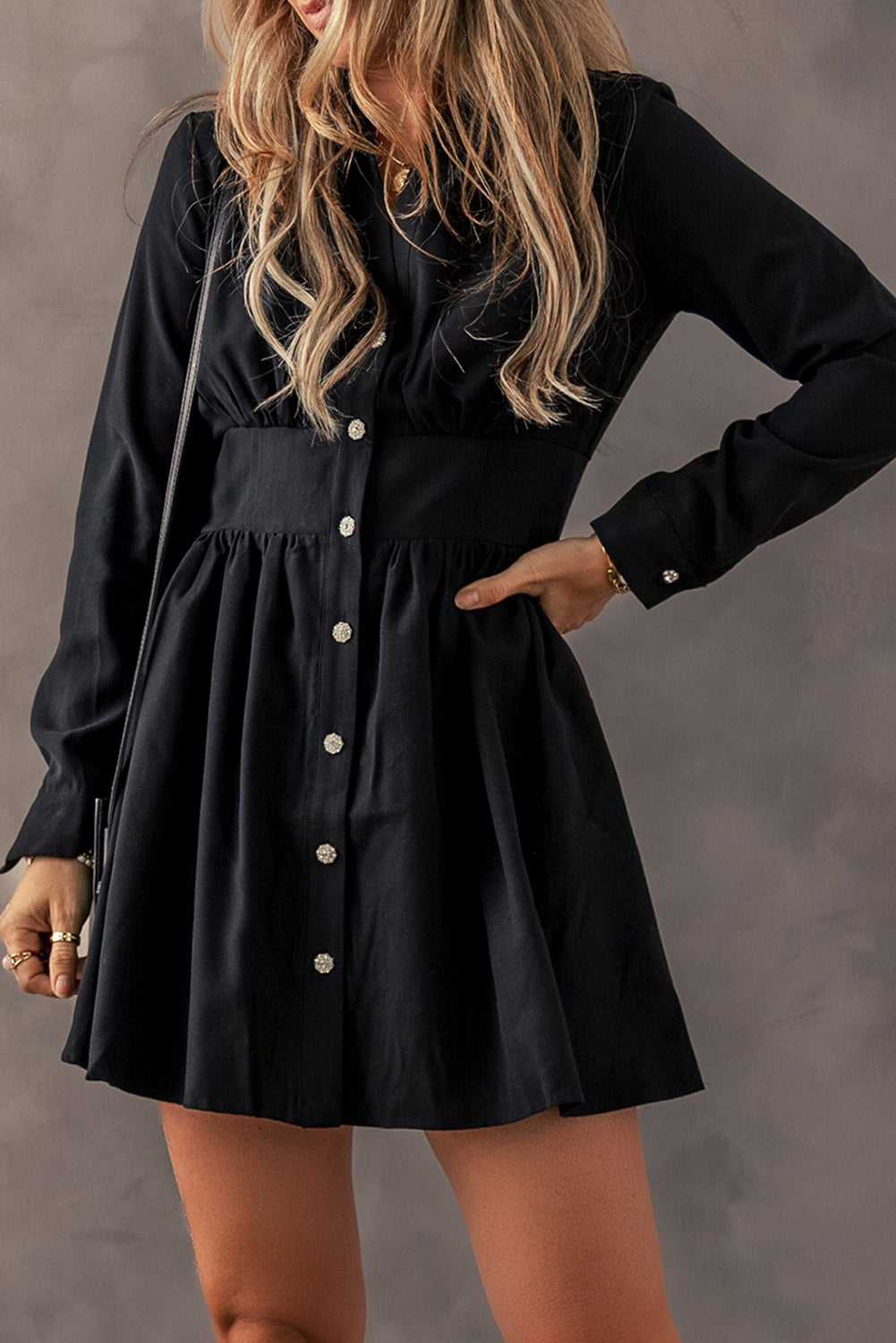 Black Elastic Cinched High Waist Long Sleeve Shirt Mini Dress Dear-Lover Dropshipping