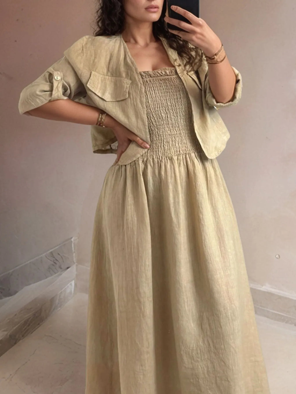 Full Size Smocked Cami Dress and Jacket Set Plus Size.