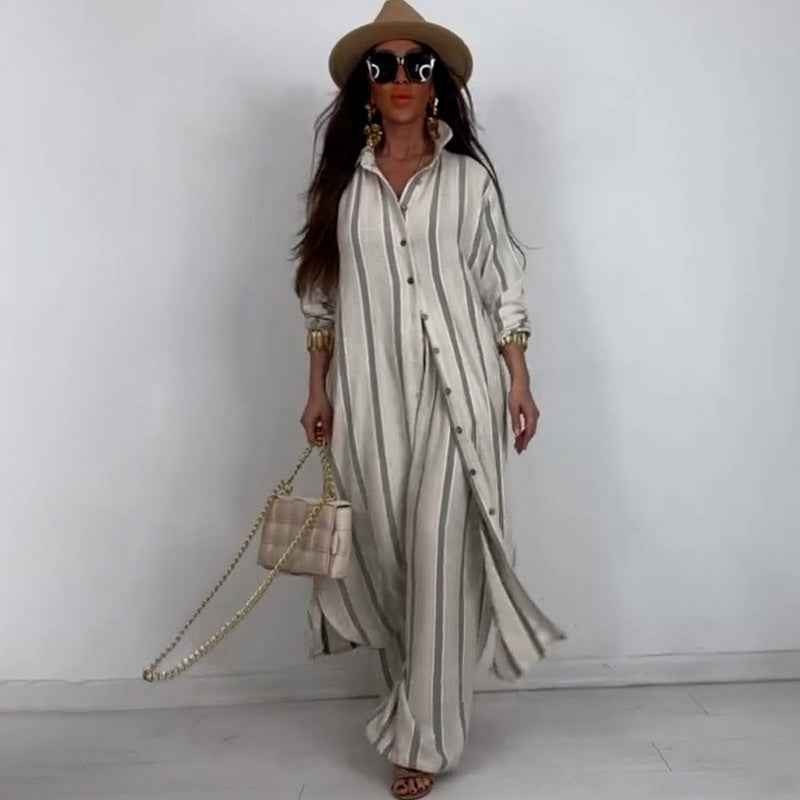 Elegant and sexy V-neck top+printed wide leg pants two-piece set